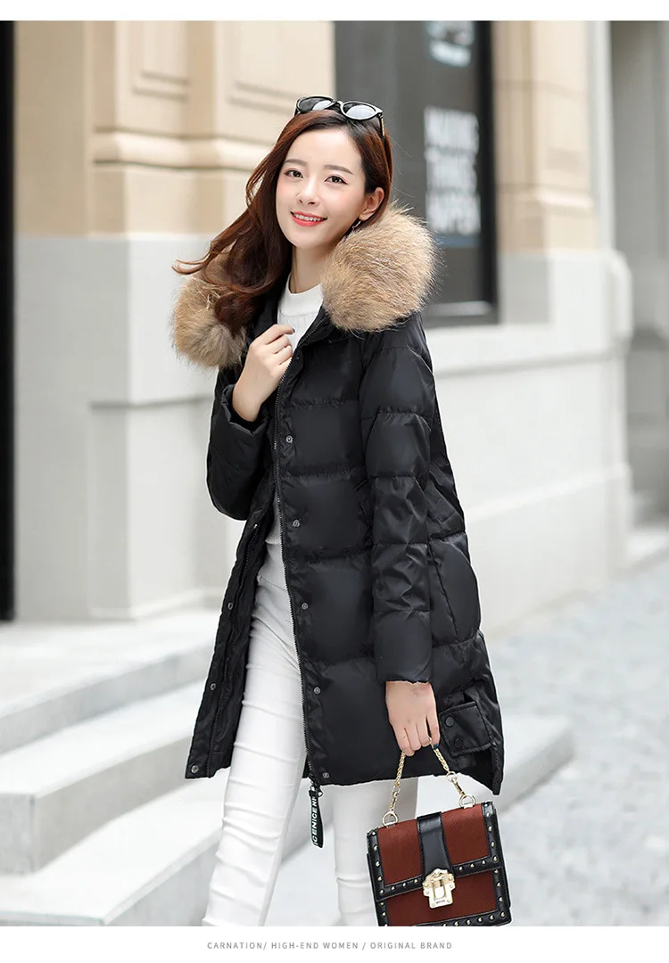 Осень и зима стиль Женская одежда с хлопковой подкладкой женский пуховик средней длины с большим меховым воротником Приталенный Хлопок