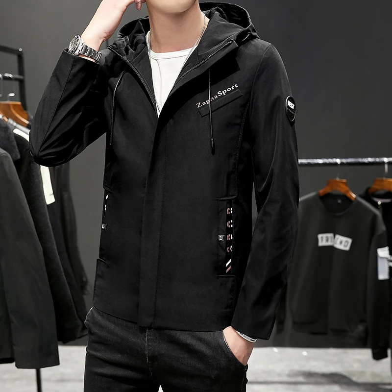 Promotion Green Black Beige Jacket Men Casual Hooded Coat Letter Print Armband 2020 New Fashion Clothing Zipper Windbreaker Jackets Male