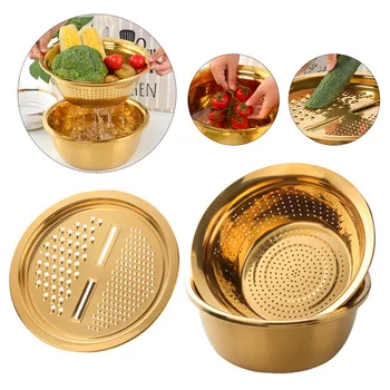 

3 In 1 Stainless Steel Potato Peeler Kitchen Utensil Rice Wash Bowl Carrot Grater Vegetable Slicer Over Sink Colander Set Round