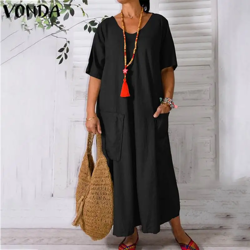 

VONDA Vintage Cotton Pockets Short Sleeve Maxi Long Dress 2019 Summer Woman Plus Size Sundress Elegant Vestidos Femininas Robe