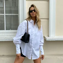 

2022 New Women White Shirt Oversize Fashion Long Sleeve Blouse Casual Lapel Solid Sun Protection Tops Female Clothes Streetwear
