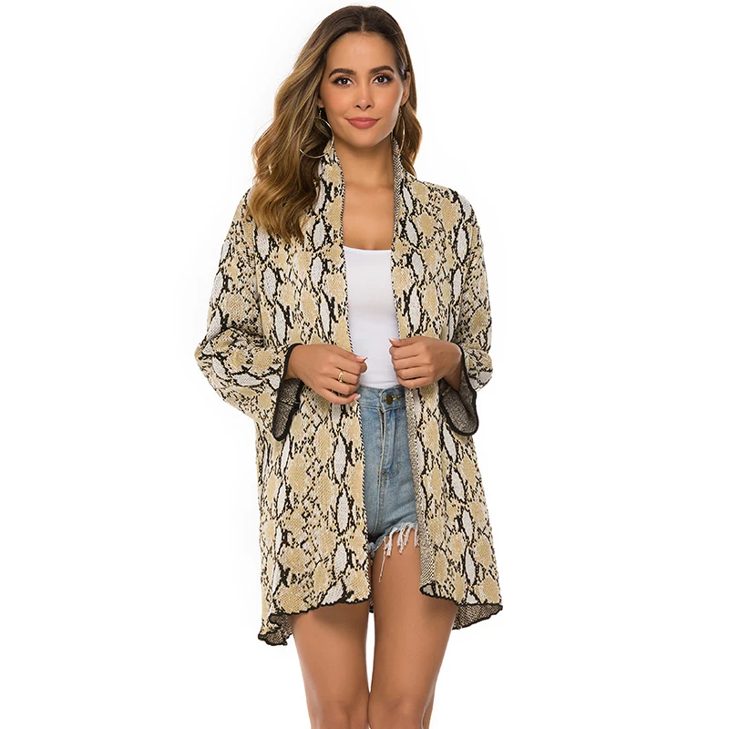 Женский вязаный кардиган, Sueter Mujer, змеиный принт, осенний кардиган, Invierno, длинный рукав, женский свитер, Pull Femme, темно-серый