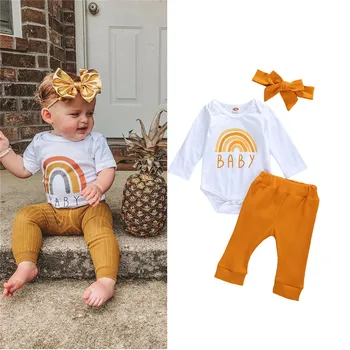 

Infants Baby Spring Autumn Clothing Baby Boy Long Sleeve Letter Rainbow Printed Tops Romper Pants Bow Headband 3-Piece Clothes