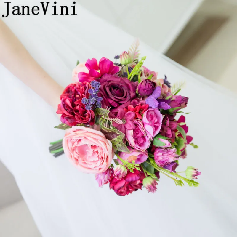 JaneVini, винтажный букет сушеных цветов для невесты,, искусственная Роза, пион, Свадебный Шелковый цветок, свадебные аксессуары для букетов