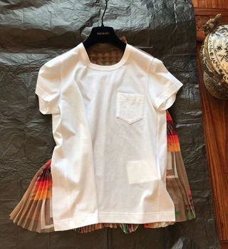 

Pleated Shirt Women Cotton Shirt Casual Runway Fashon Short Sleeve O-neck Print Shirt