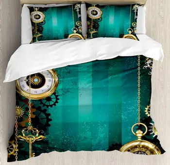 

Industrial Duvet Cover Set Antique Items Watches Keys and Chains with Steampunk Influences Illustration Decorative 3 Piece Bed
