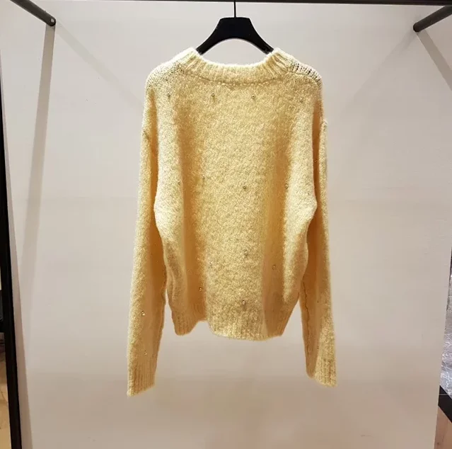 Женский вязаный свитер с бусинами на осень и зиму, Однотонный свитер с круглым вырезом и длинным рукавом, трикотажный пуловер