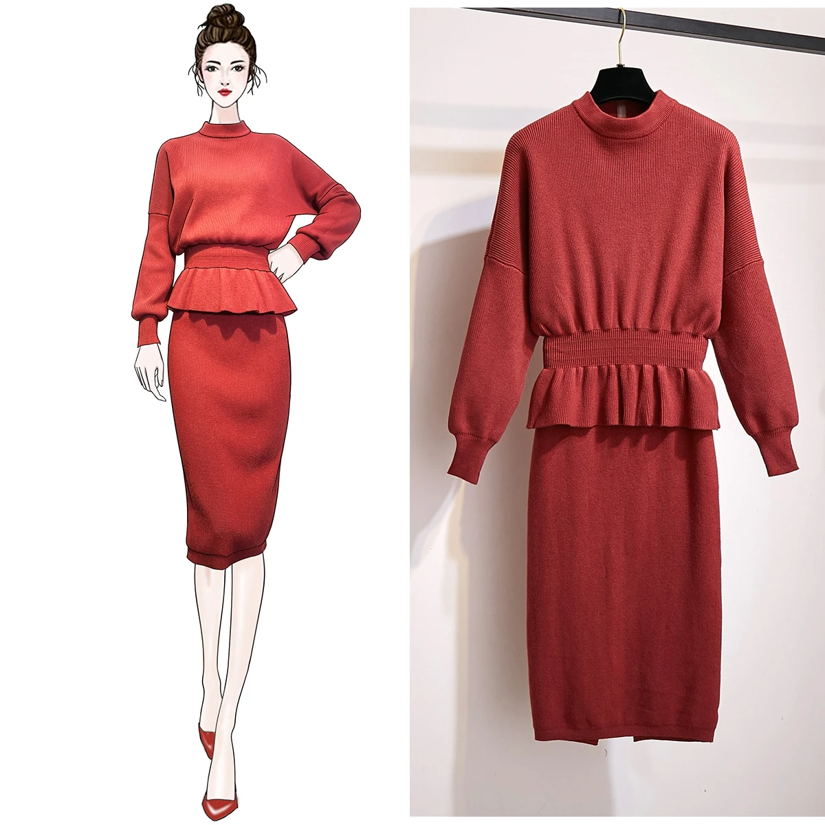 

Loose Half A Turtleneck Bat Sleeve Closed Knitting Sweater Elastic Waist Bag Hip Skirt Of Tall Waist A Fork Skirts Women 2 Pcs