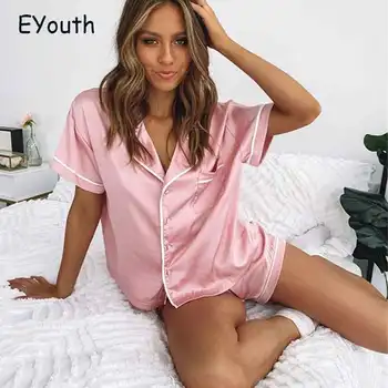 

Pink Silk Satin Casual 2 Piece Set Pajamas Button Turn Down Collar Loose Nightclothe Elastic Lace up Pocket Summer Casual Shorts