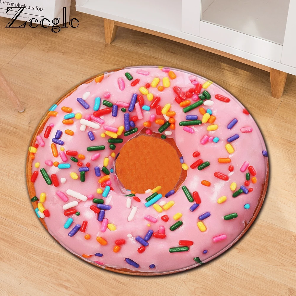 Zeegle Donuts Pattern Round Carpet Living Room Foot Rug Home Decor Carpet Anti-slip Kids Room Play Rug Bedroom Round Carpet