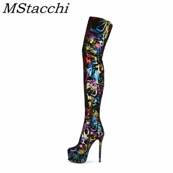 

Mstacchi Graffiti Round Toe Thin Heels Women Over-the-knee Boots 2020 Individual Design Novelty Fashion Madam Shoes Buty Damskie