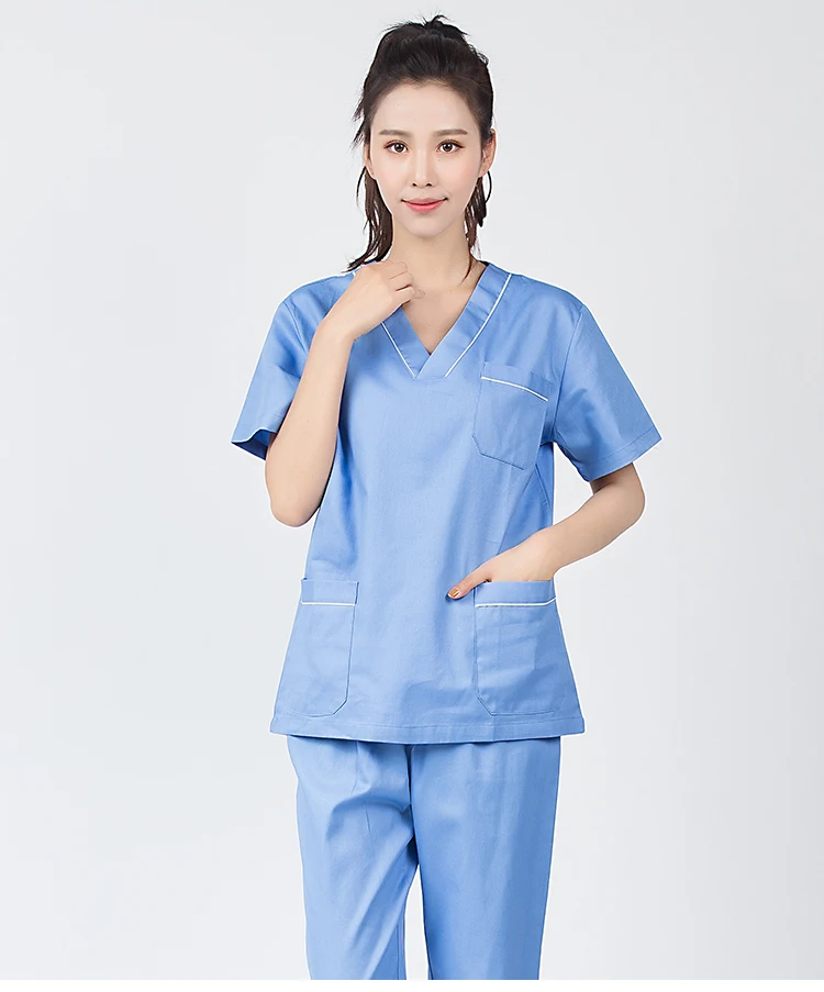 Больница, доктор, Хирургическая Одежда для мужчин и женщин, хлопковая медицинская форма для ухода за больными, спа-Хирургическая Одежда, корейское дезинфицирующее средство для рук, короткое - Цвет: Sky blue