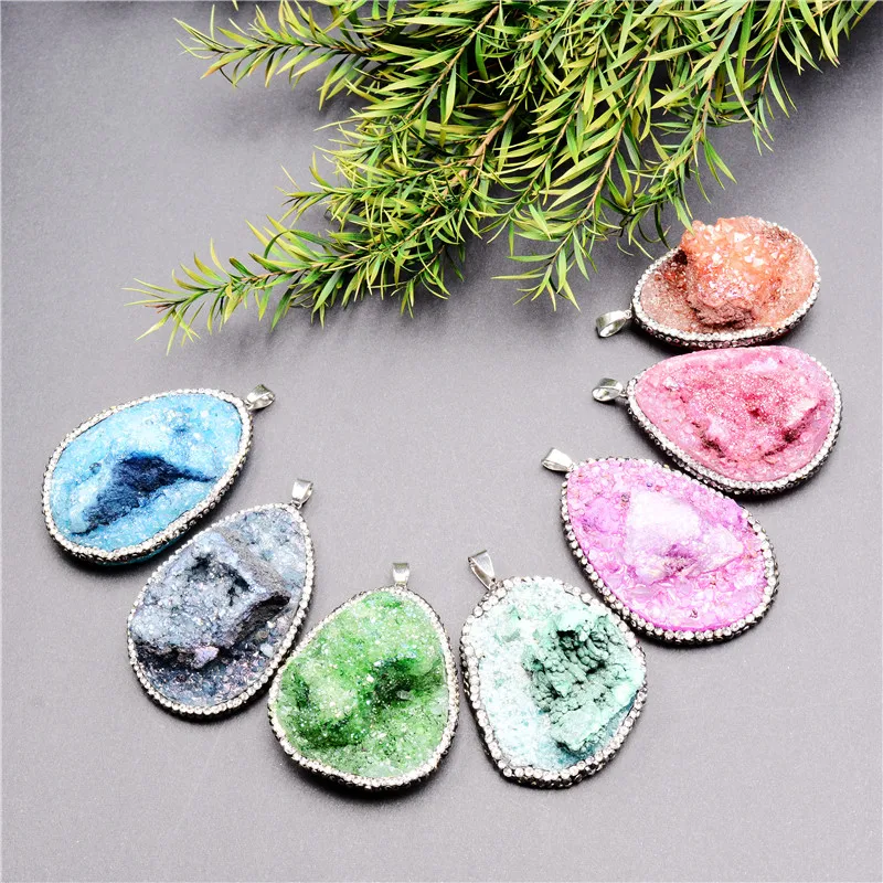 

Fashion Quartz Druzy Stone Pendant Leather Necklace For Women Water Drop Statement Colorful Long Sweater Necklace Jewelry Gifts
