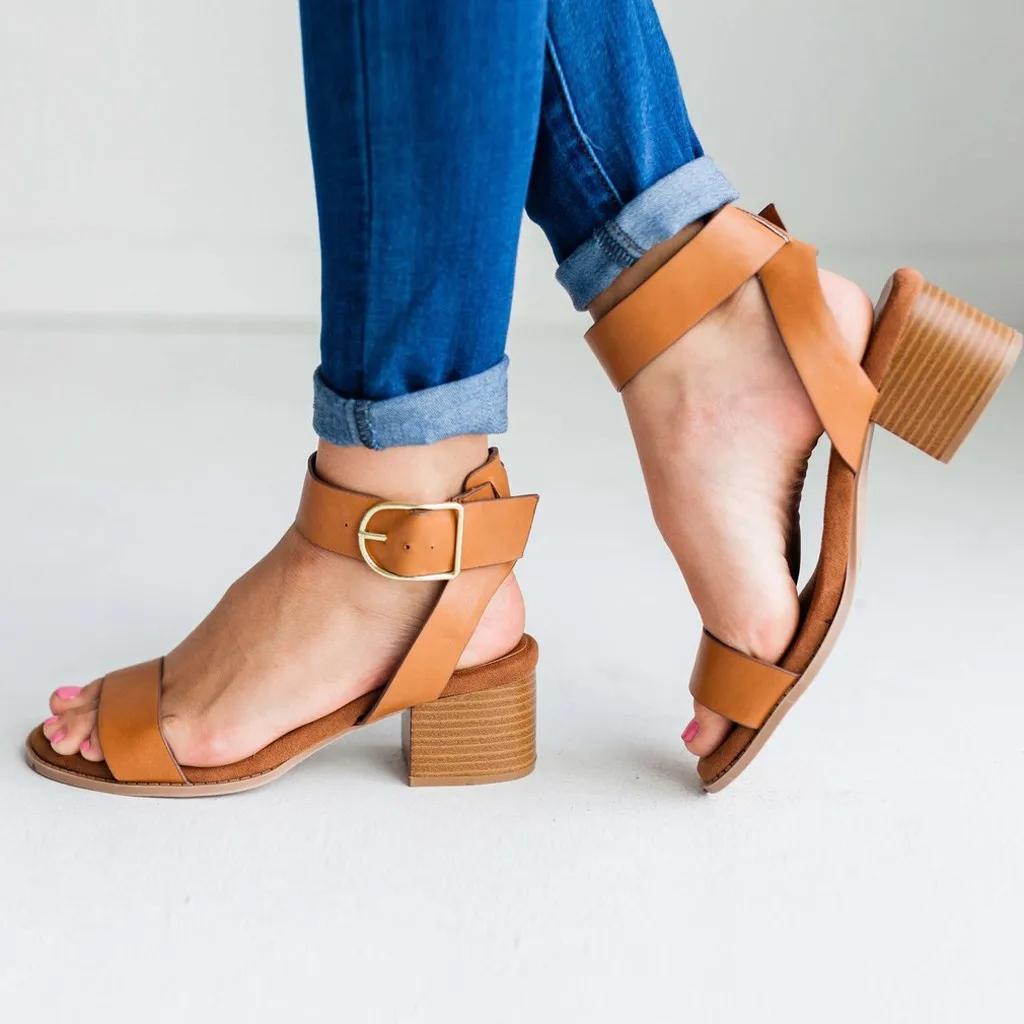 

SAGACE Casual Shoes Woman Sandals 2020 Summer Shoes Square Heels Open Toe Belt Buckle Solid Sexy Sandals Fashion Female Shoes
