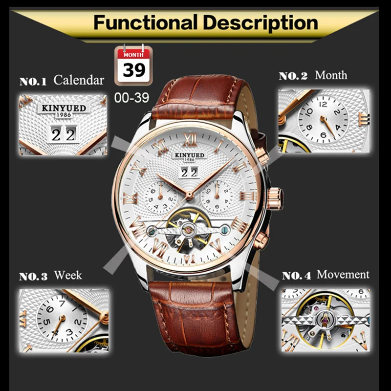 Механические Мужские часы KINYUED Skeleton Tourbillon, автоматические, классические, розовое золото, кожа, механические наручные часы, Reloj Hombre