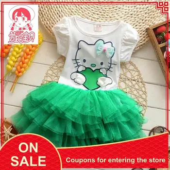 

4-5 years old girl summer clothes hello kitty cartoon print dress gauze cake wings princess dress layered baby mesh gown