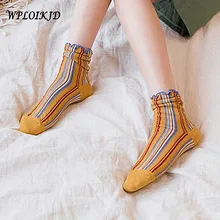 [WPLOIKJD] серия han, художественный стиль, модные, в полоску, с деревянными ушками, милые, длинные носки для женщин, Sokken Skarpetki, подарки для девочек