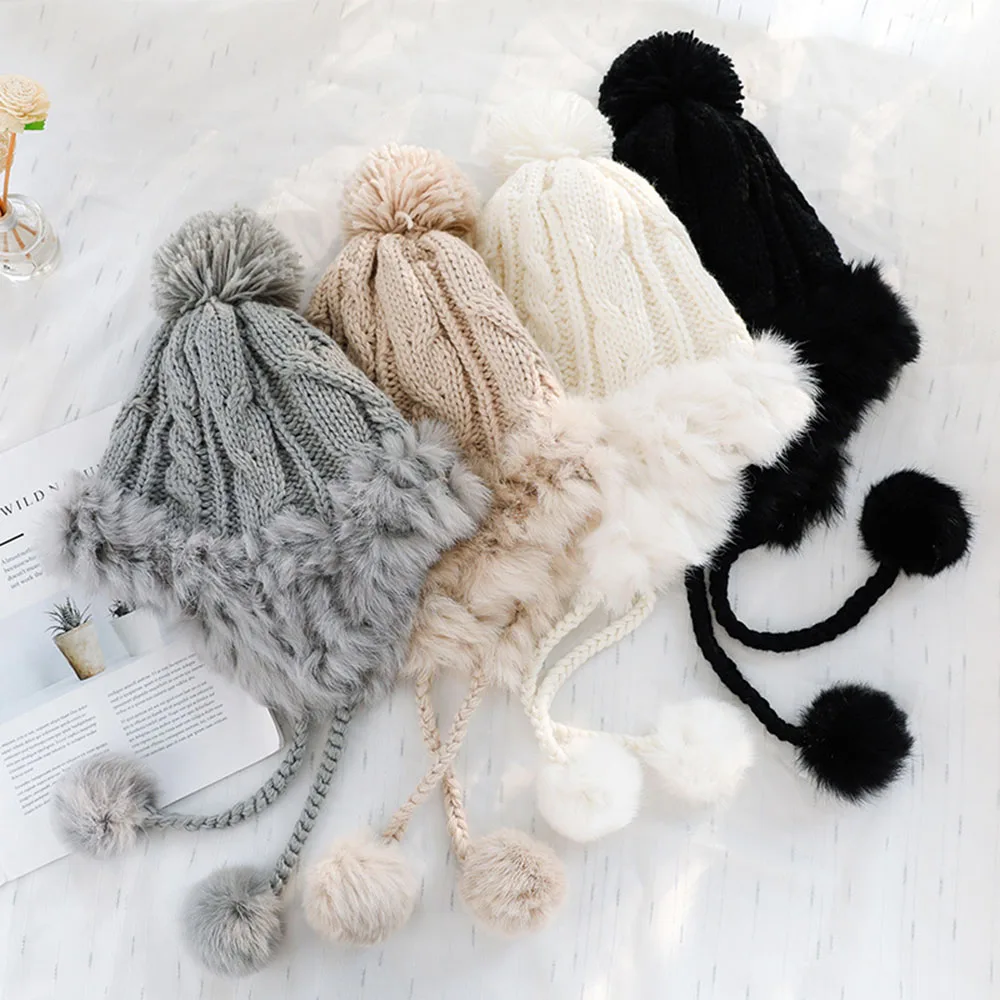 Детская осенне-зимняя теплая шапка для малышей, шерстяная вязаная шапка с помпонами из кроличьей шерсти, Милая Детская капот вязаный крючком шапка
