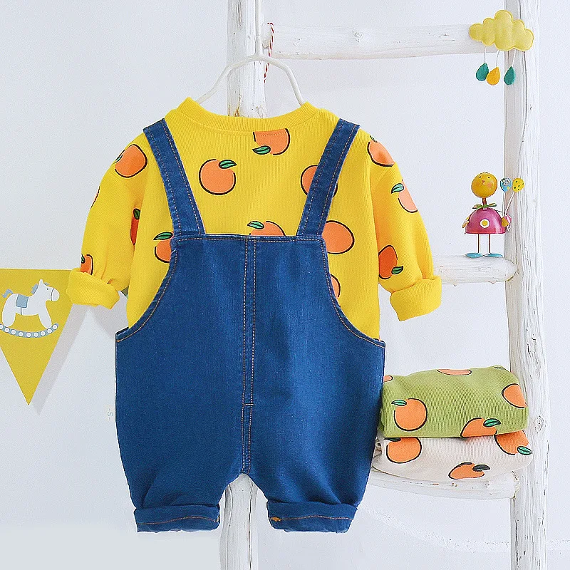 

2020 Spring And Autumn New Style Infants Children Long Sleeve Full Printed Orange CHILDREN'S Sweater Cowboy Suspender Pants Set