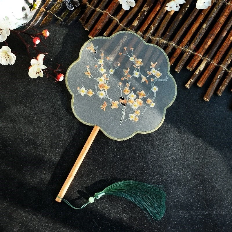 Круглый вышитый веер Hanfu с длинной ручкой китайский бамбуковый портативный