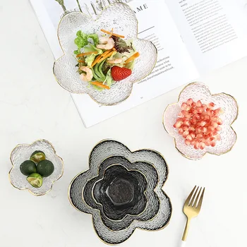 

Japanese Style Flower Glass Bowl with Glod Rim for Dessert Salad Fruit Sauce Bowl Jewelry Storage Tray Decorative Trinket Dish