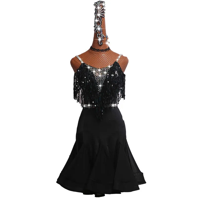 

Платье для конкурсов по латиноамериканским танцам, платье для выступлений, черная юбка на подтяжках, юбка с оборкой на бедрах # MD017