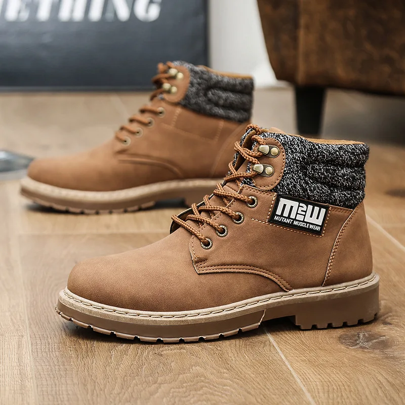

Fashion Leisure Lace-Up Chelsea Boots Men Knee-High Round Casual Toe Boots Solid Low Sewing Flock Motorcycle Shoes