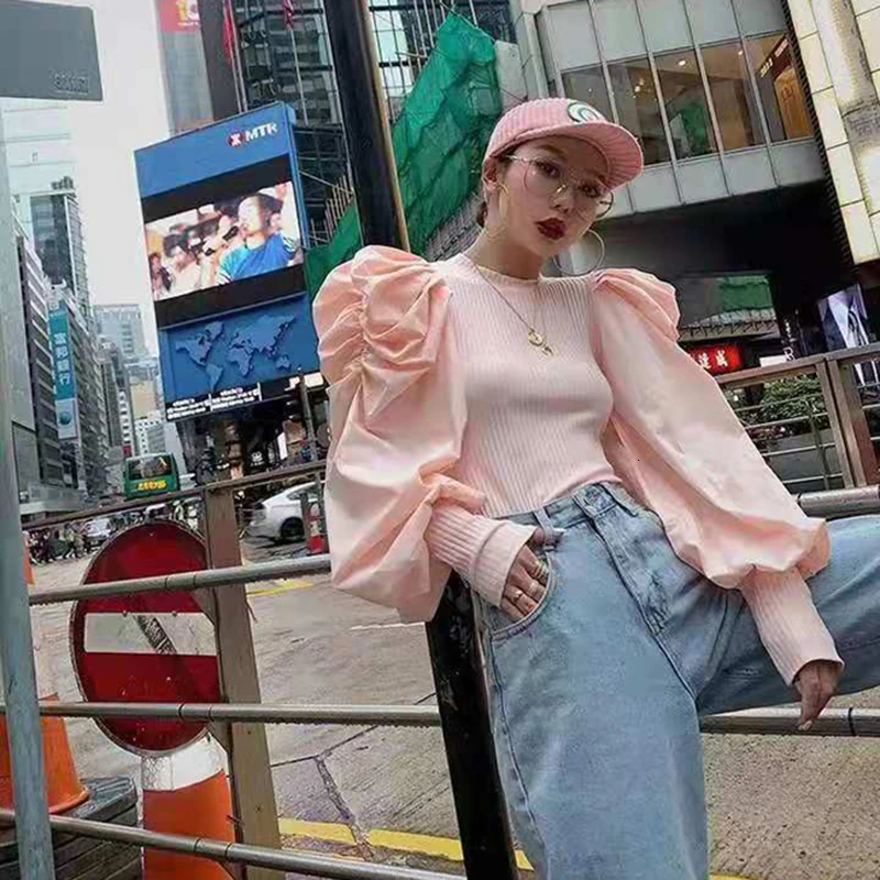 TWOTWINSTYLE белый вязаный лоскутный свитер для женщин с круглым вырезом и пышными рукавами Пуловеры Женская одежда Осенняя мода новинка