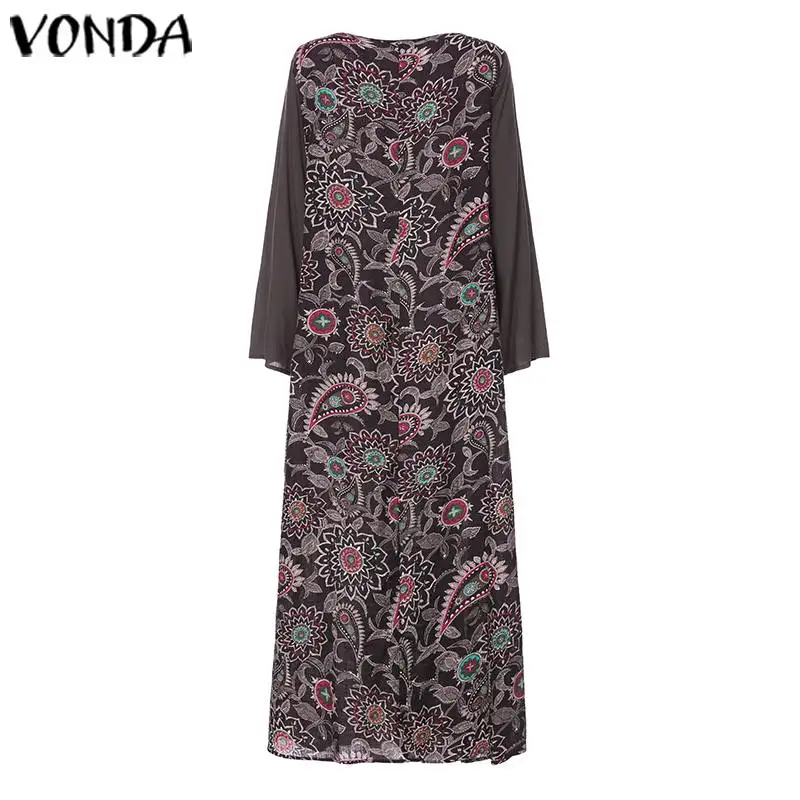 VONDA/женские платья с длинными рукавами, имитация двух частей, лоскутное Макси платье для беременных с цветочным принтом, вечерние платья-рубашки, богемные платья