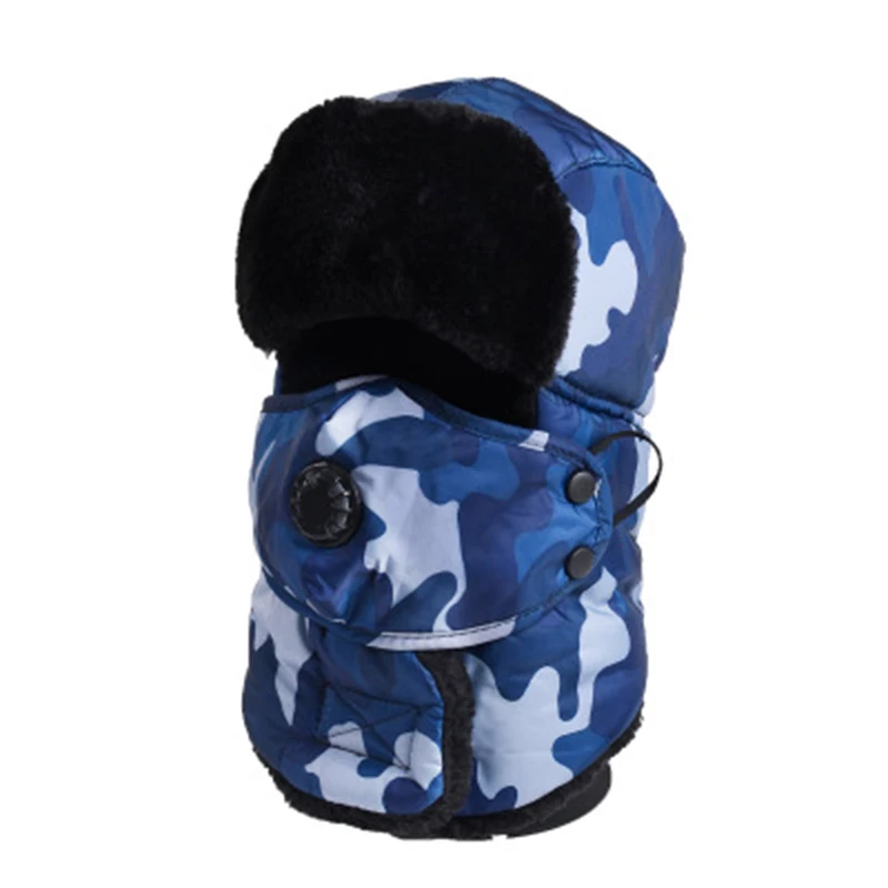 Высокое Качество Зимние теплые шапки-бомберы для женщин и мужчин русский Охотник шапка утолщенная теплая Балаклава маска для лица лыжный шарф шапка - Цвет: camouflage blue