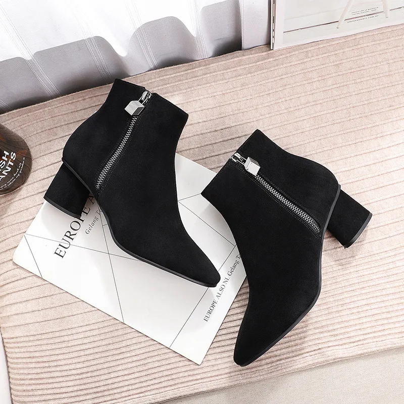 

Autumn women's shoes short boots children's spring and autumn without Plush thick heel square side zipper black