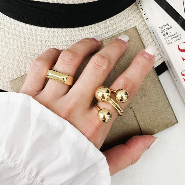 Gold Color Rings Gold Color Ring Silver Ring Opening Ring Adjustable Rings Finger Ring Exaggerated Metal Ball Rings For Women Punk Girl Hip Hop Harajuku Gold Silver Color Open Ring Charm Jewelry Accessories Gifts