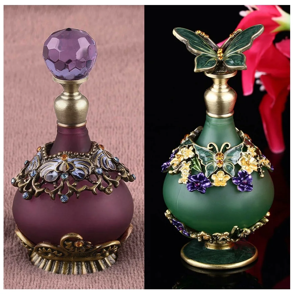 23ml Vintage Perfume Bottle Purple Diamond Cut / Antique Butterfly Metal Empty Glass Dropper Women Girl Gift the flower girl bridesmaids maid of honor mother s day gold frame glass jewelry gift box storage organizer