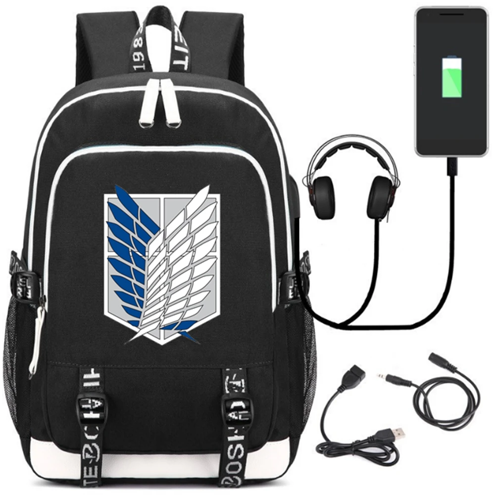 

Anime Backpack Attack on Titan Backpack Bag Canvas Rucksack USB Fashion Port Headphone Anime Book Bag Laptop mochila feminina