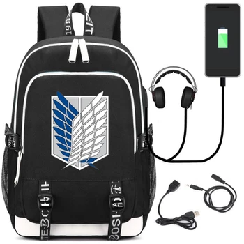 

Anime Backpack Attack on Titan Backpack Bag Canvas Rucksack USB Fashion Port Headphone Anime Book Bag Laptop mochila