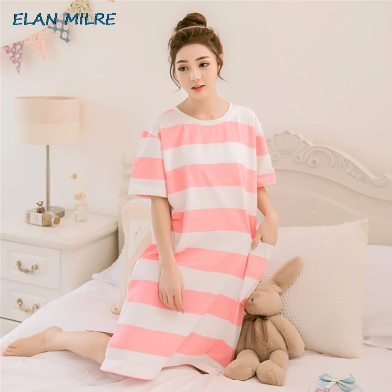 

2020 Women nightgown Hot cotton striped sleepshirt short sleeved sleepwear female pyjamas girls nightdress summer