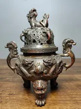 

6" Tibet Buddhism Old Bronze Cinnabar Lacquer Unicorn lion statue cover incense burner Three-legged dragon Binaural Long Incense
