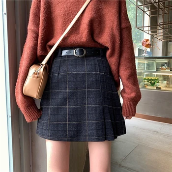 

Winter Casual Plaid Women Mini Skirt Korean A-Line Above Knee Sashes Skirts Sweet Cute Students High Waist Vintage Sk