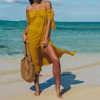 

Women Dress Off Shoulder Short Sleeve Patchwork Ankle-Length Straight Dress Wrap Sundress Solid Boho Beach Dress