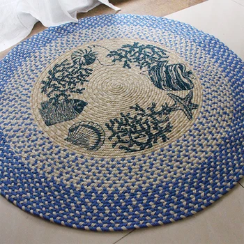 

Blue Round Floor Carpet 100Cm Jute For Living Room Kidsroom Natural Linen Mat Bedroom Handmade Knit Computer Chair Area Rug
