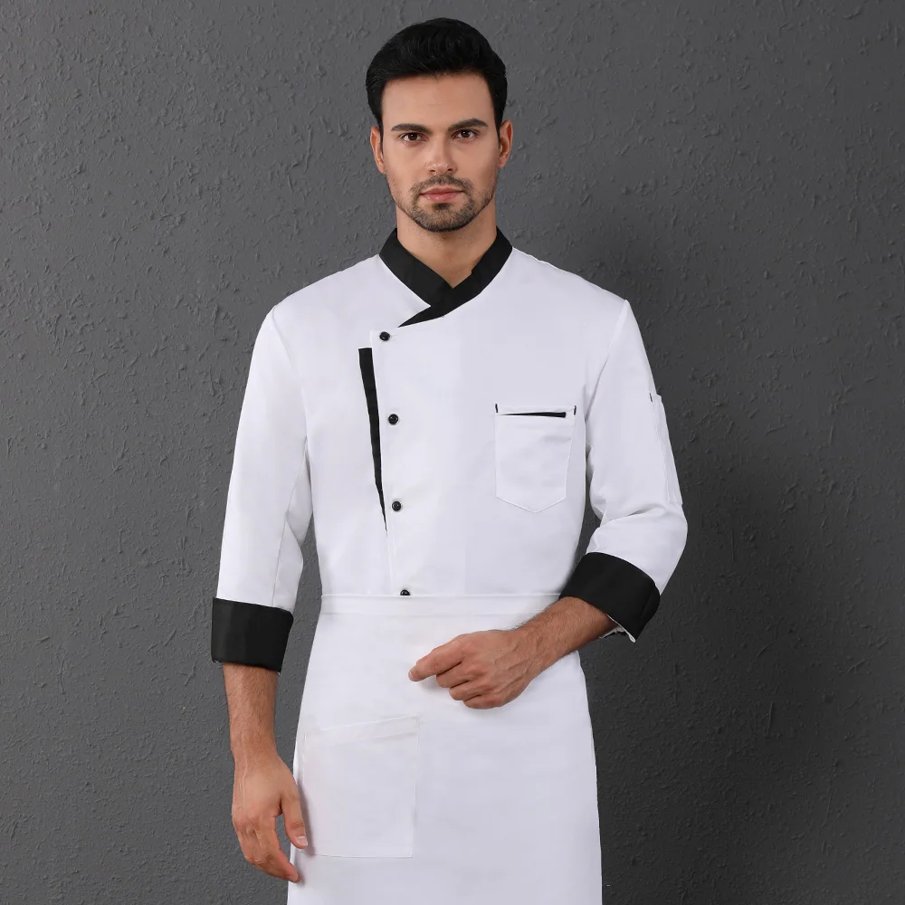 long sleeve jacket Мужская униформа для ресторана, кухни, шеф-повара, дышащая куртка с короткими рукавами+ Кепка+ фартук, рабочая одежда для мужчин - Цвет: long sleeve jacket