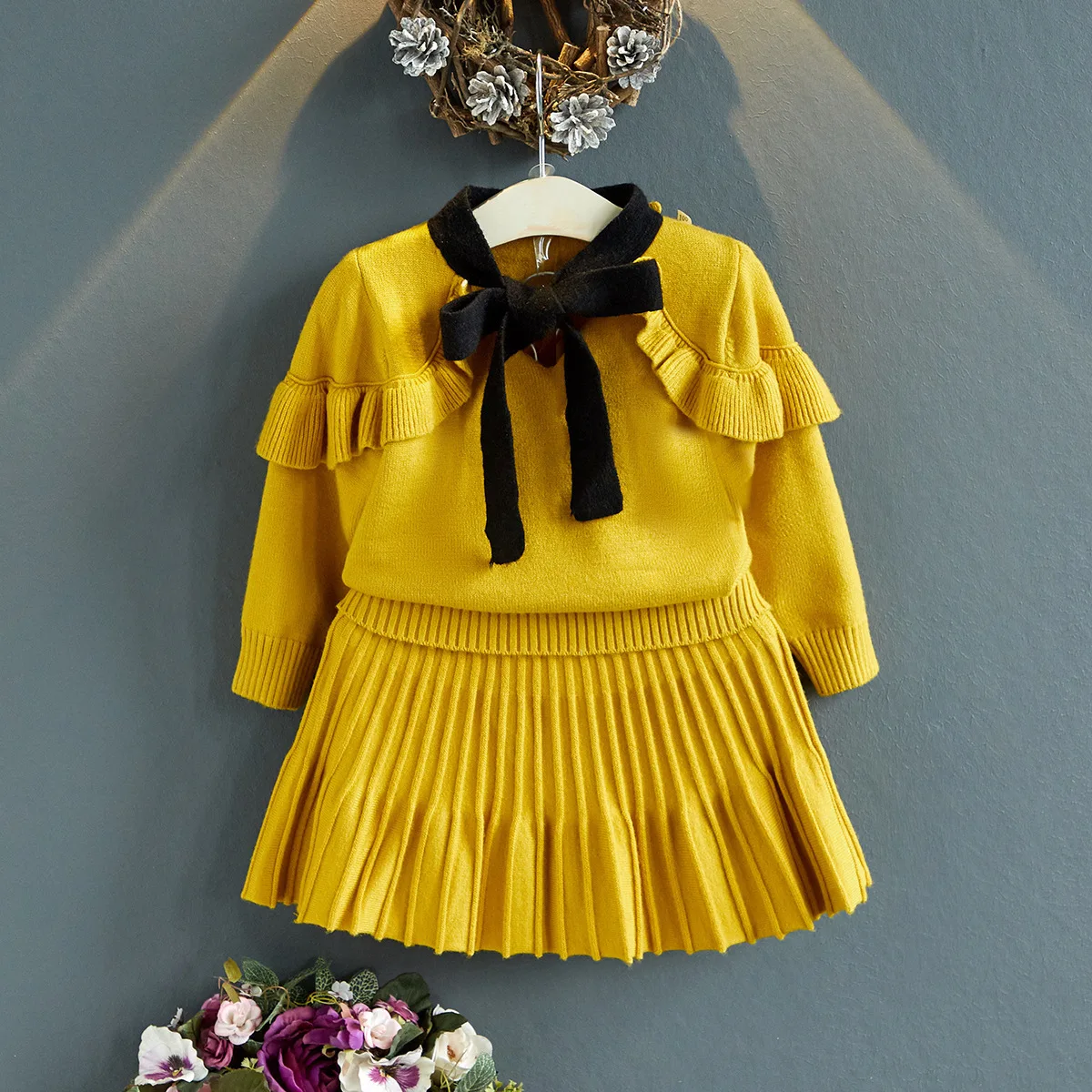 

2019 Girl Baby Autumn Winter Fashion Clothing Set Knitted Lace Bow Sweater+Pleated Skirt,Kids Princess Party Birthday Suits