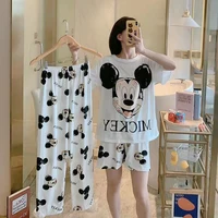 Disney Mickey White Women's Spring Summer Pajamas Set Three-piece Short Sleeve + Shorts + Trousers Soft And Comfortable Homewear 1