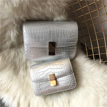 Новая женская сумка из натуральной кожи с узором «крокодиловая кожа», Ретро дизайн, Брендовая женская сумка тофу, диагональная посылка - Цвет: silver