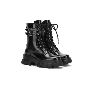 

Black Patent Leather Boots Women Martin Ankle Boots Genuine Leather Thick Bottom Wedges Double Buckle Lace-up Luxury Brand Shoes