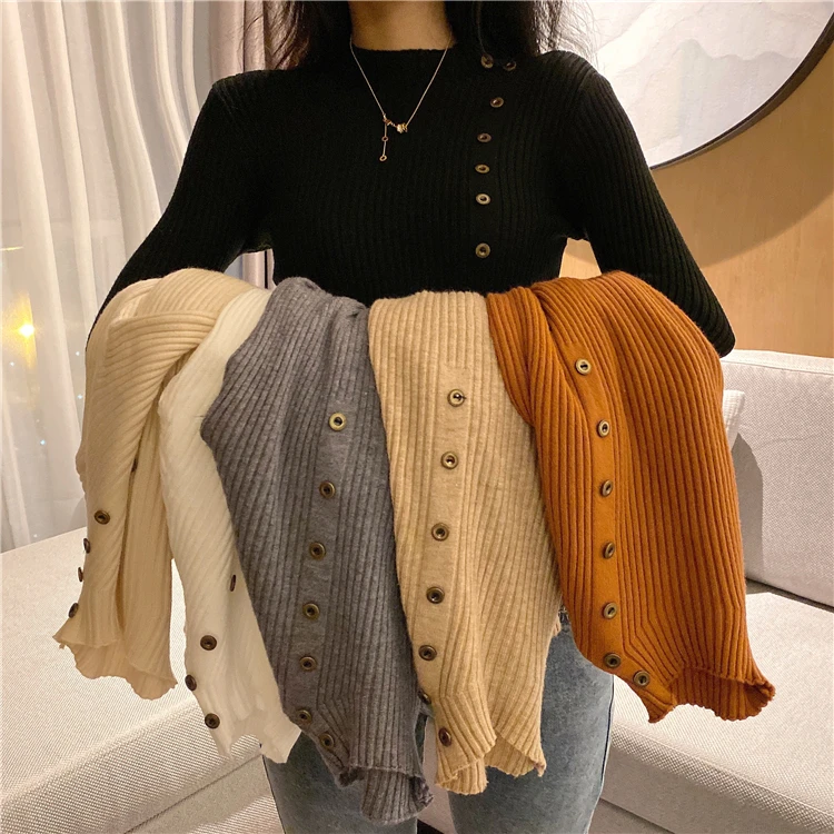 

EAD half high collar button Korean sweater 2019 autumn and winter new slim long sleeve bottoming sweater women