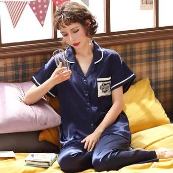 

Women 2PCS Pajamas Set Silky Sleepwear Summer Satin Shirt&Pant Sexy Female Pajamas Suit Casual Sleep Set Loose Home Wear