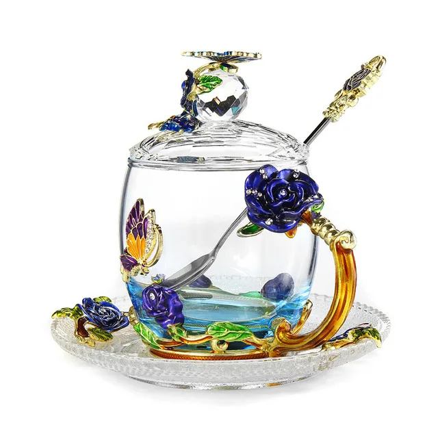 Голубая роза, эмалированная Хрустальная чашка, цветочный чай, стекло высокого качества, стеклянная чашка для воды, кружка в цветочек с рукояткой, идеальный подарок для любимой свадьбы - Цвет: D