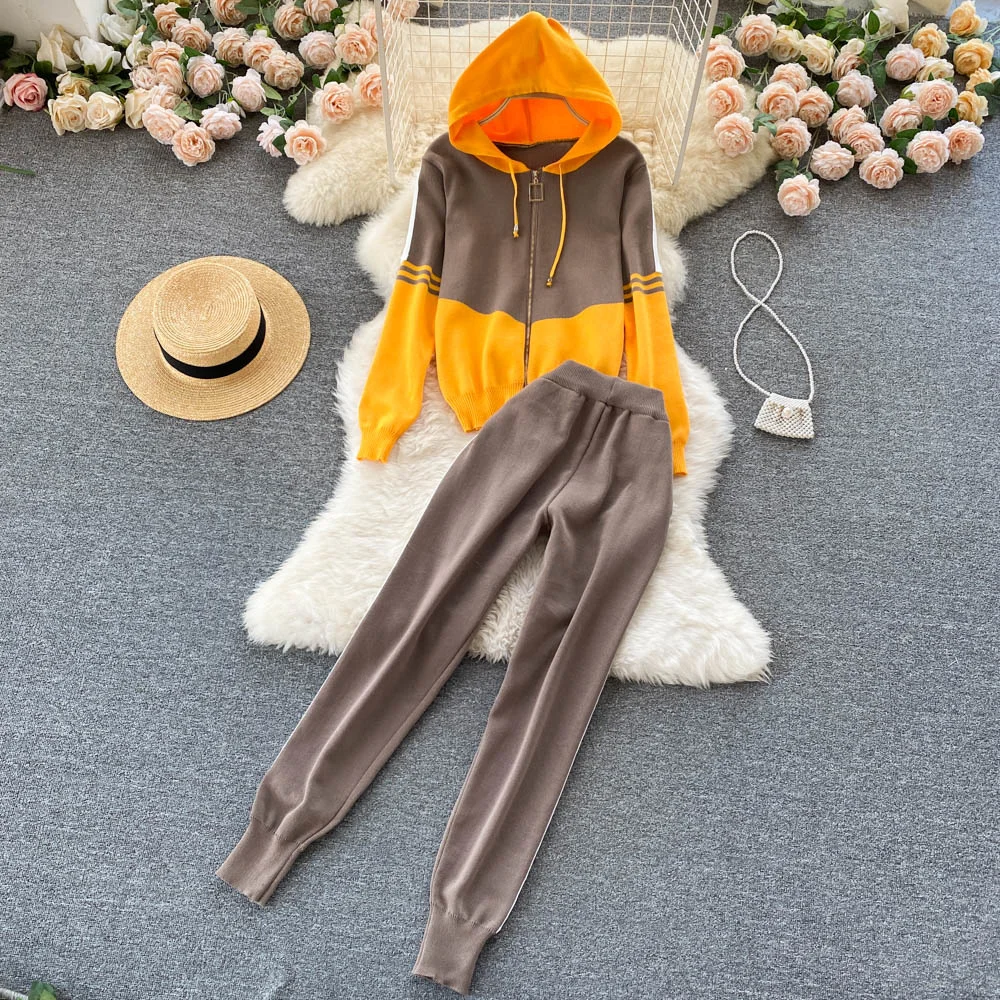 Casual Women Knitted Tracksuit Fashion Streetwear Chic Color Match Zipper Up Hoodies and Elastic Waist Long Pants 2 Piece Suits |