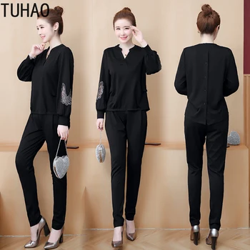 

TUHAO 2020 Spring Office Lady Casual Two Piece Set Tracksuit Women Blouse and Pants Plus Size 5XL 4XL 3XL Femme Sweatsuit WM33